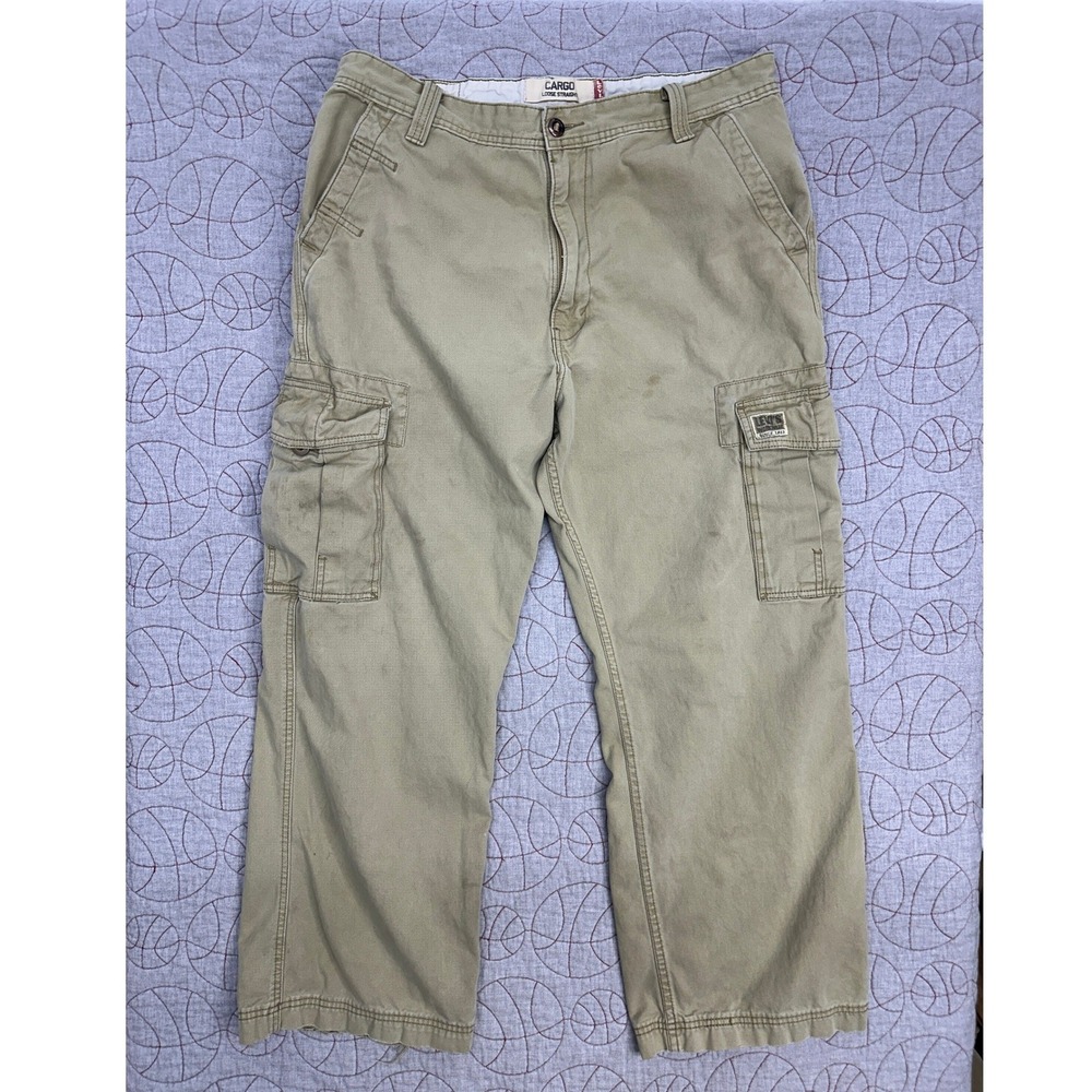 Y2K Levis Wide Baggy Cargo Pant Khaki Loose Straight Distressed Workwear / 36x30